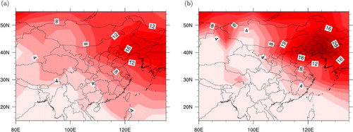 Fig. 7 Climatological mean (a) and variance (b) of the transit count for wintertime cyclones from 1948 to 2007. The contour intervals are two.