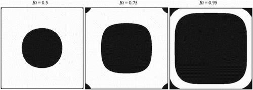Figure 3. Yielded (white) and unyielded (black) regions of a cross-section of the square tube for different values of Bi.