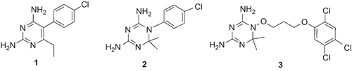 Figure 1.  Chemical structures of pyrimethamine (1), cycloguanil (2), and WR99210 (3).