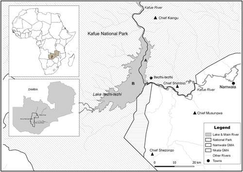 Figure 1. Map showing Lake Itezhi-Tezhi fishery, Kafue National Park, and GMAs (Source: Authors).