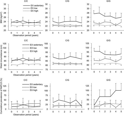 Figure 1 The association of physical activity with the longitudinal changes in the mean values of the BMI and waist circumstance and the cumulative prevalence of NAFLD separately in the subjects with PNPLA3 rs738409 C/C (n = 98), C/G (n = 194) and G/G (n = 60) genotypes.Notes: The bars represent the standard errors in the graphs regarding the BMI and waist circumstance or 95% confidence intervals in the graphs regarding the cumulative prevalence of NAFLD. METS*T, metabolic equivalent × time for physical activity (hour/week).Abbreviations: BMI, body mass index; NAFLD, non-alcoholic fatty liver disease; PNPLA3, patatin-like phospholipase domain containing protein 3; EX, exercise.