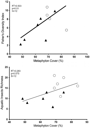 Figure 5. Correlation between Fisher’s diversity and cover of macrophytes, as well as correlation between genus of aquatic insects’ richness and cover of macrophytes in SKBR, Quintana Roo, Mexico. Circle represent cenotes and triangles represent wetlands.