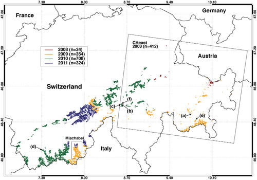 FIGURE 1. Glaciers in the Swiss Alps by 2010. Colors refer to the year of the aerial orthophotography tile(s) used for glacier mapping. The number of glacier entities mapped for the respective year is given in parentheses. The locations of six very small glaciers chosen for accuracy assessment are indicated with (a) to (f). The small rectangle shows the subsample of glaciers within the Mischabel area used to test the potential refinement of glacier outlines with Differential Synthetic Aperture Radar Interferometry (DInSAR) coherence images. The large rectangle contains glaciers in the eastern Swiss Alps, which were also mapped with orthoimagery of 2003.