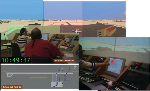 Figure 9. Synchronised video sources for recording X, at 10:49:37. ATC tower room and simulated outside view (top mid), ground radar (middle, not available to the ATC, added to show aircraft positions more clearly), ATC eye-point-of-gaze recording (for the ATC on the right).