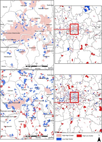 Figure 2. Local indicator of spatial association (LISA) maps of betting shops and all crime categories (combined) in London in 2019: (top) all crimes and (bottom) betting shops.Source : Contains Ordnance Survey (OS) data © Crown copyright and database right (2017) and National Statistics data © Crown copyright and database right (2015).