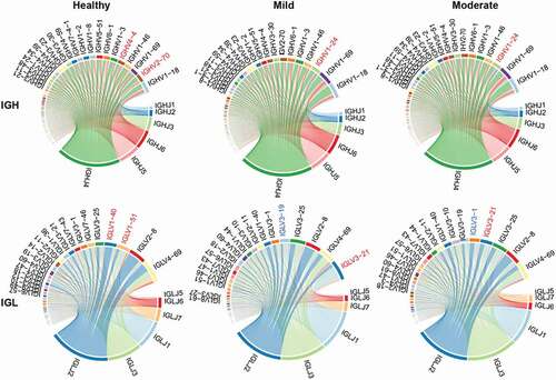 Figure 5. Circos plot of V-J pairs of IGH and IGL in the healthy, mild, and moderate. The red gene symbol denotes the unique top five abundant genes among healthy controls or COVID-19 patients.
