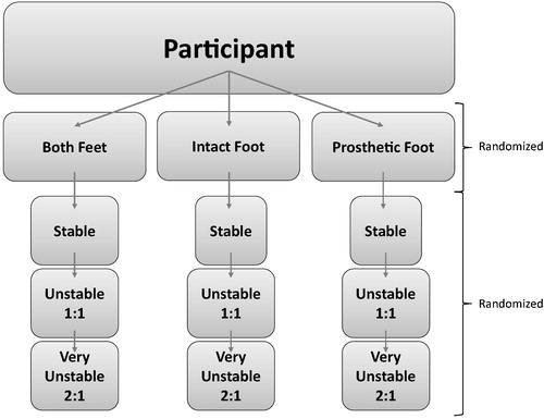 Figure 2. Data collection protocol. Each participant is tested in three-foot position conditions relating to which feet are on the Neurocom platform (both, intact and prosthetic). Coinciding with data collected from the Neurocom, was data collected from the AMTI at the same time. Whilst data from the intact foot on the Neurocom was collected (INTACTSWAY), data was also collected from the prosthetic limb on the AMTI forceplate (PROSSTAT). For each of these foot position conditions, a randomized order of sway reference gains was applied to the support surface (stable, unstable, very unstable). Sway reference gains applied (1:1, 2:1) refer to the amount of angular sway referencing applied per angular deviation of the CoG in the anteroposterior plane [Citation31].