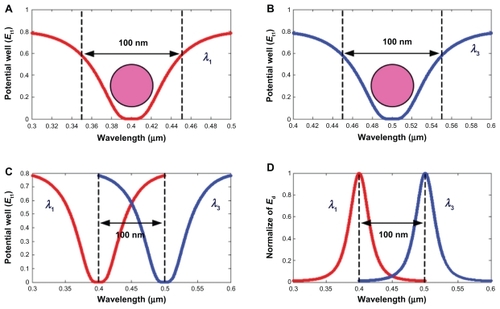 Figure 5 Results of the trapping tools, where A and B show different sizes and wavelengths, C shows tweezer separation, and D shows normalized tweezers, where Rad = 20 μm, RR = RL = 5 μm. The coupling coefficients are κ0 = 0.5, κ1 = 0.35, κ2 = 0.1, and κ3 = 0. 35. The input power is 1W, Rad = 20 μm, RL = RR = 5 μm, (A) wavelength = 400 nm, (B) wavelength = 500 nm, (C) wavelengths = 400, 500 nm at through port, (D) wavelengths = 400, 500 nm at drop port.