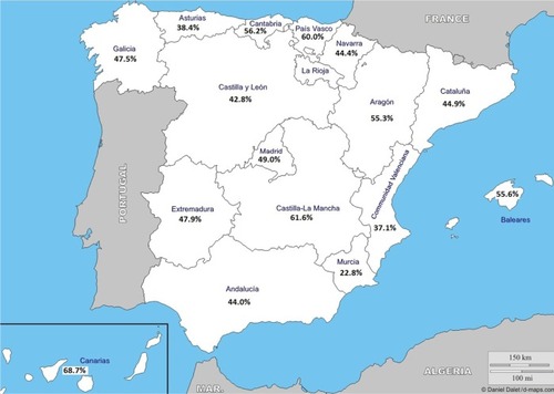 Figure 2 Geographic distribution of the prevalence of the non-exacerbator COPD phenotype showing the highest prevalence rates in the Canary Islands, Castilla-La Mancha, and the Basque Country.Note: Courtesy of http://d-maps.com/carte.php?num_car=2210&lang=es.