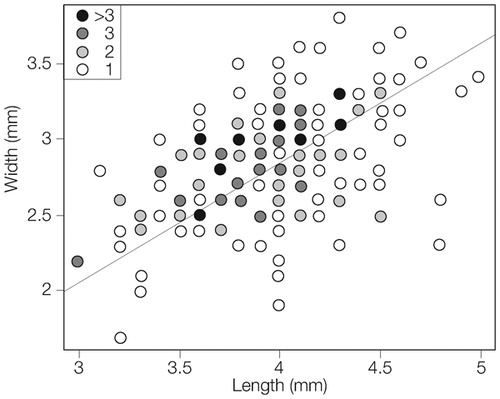 Figure 6. Weighted cluster plot of length to width measurements from Tuzusai wheat grains (n  =  199).