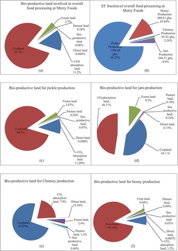 Figure 3. (a) Bio-productive land involved in overall food processing at Merry Foods, (b) EF fraction of overall food processing at Merry Foods, (c) Bio productive land for pickle production, (d) Bio productive land for jam production, (e) Bio productive land for chutney production, (f) Bio productive land for honey production