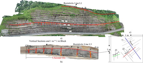 Figure 5. Vertical sections and 1 m*1 m blocks on UAV point cloud and resistivity lines (a) Site 1 (b) Site 2 (c) 1 m*1 m block representing joints and joint set spacing.