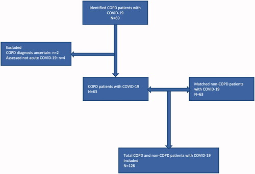 Figure 1. Flow-chart of the selection process of the study group consisting of 63 hospitalised patients with COPD and COVID-19 and a matched control population of 63 patients with COVID-19 without COPD. COPD: chronic obstructive pulmonary disease; COVID-19: coronavirus 2019 disease.
