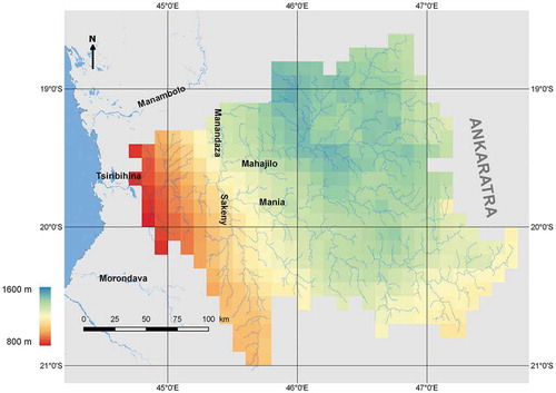 Figure 2. Mean annual rainfall (in mm) between 2000 and 2015 in the Tsiribihina River basin, computed from African Rainfall Climatology 2.0 or ARC2 data