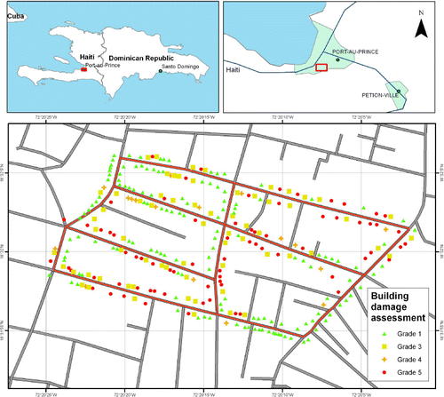 Figure 8. Car survey ground track (red lines) and building damage assessment (based on high-resolution aerial imagery) considered for the validation test.