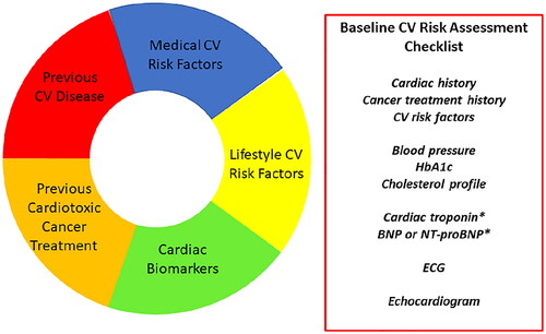 Figure 2. Different risk factors which contribute to baseline cardiovascular (CV) risk in a cancer patient scheduled to receive a cardiotoxic cancer treatment, and a checklist of the clinical history and investigations required at baseline prior to starting a cardiotoxic cancer therapy. *Cardiac biomarkers (troponin and natriuretic peptides) should be measured where available. BNP, brain natriuretic peptide; ECG, electrocardiogram; HbA1c, glycated hemoglobin; NT-proBNP, N-terminal pro-brain natriuretic peptide. Reproduced with permission from Lyon et al. [Citation40].