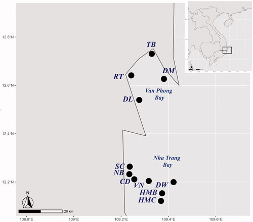 Figure 1. Sampling positions at Nha Trang Bay and Van Phong Bay of Khanh Hoa Province, Vietnam. Detail information on locations was given in the Table 1.