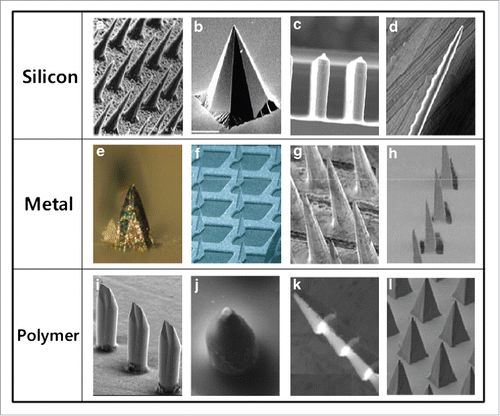 Figure 3. Different type of MAs made of silicon, metal and polymer with microneedles of different shapes. Reprinted with permission from Reference 7.