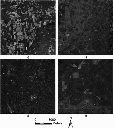 Figure 2. GPs selected in each square area around the world with sides of 10 km: (a) Agadir (Morocco), WV2 image taken on 2 January 2016; (b) Hebei (China), WV2 image taken on 29 December 2014; (c) Bari (Italy), Aerial Orthoimage taken on 29 August 2015; (d) Sinaloa (Mexico), Geo1 image taken on 11 December 2014.Source: Google Earth, Google©.