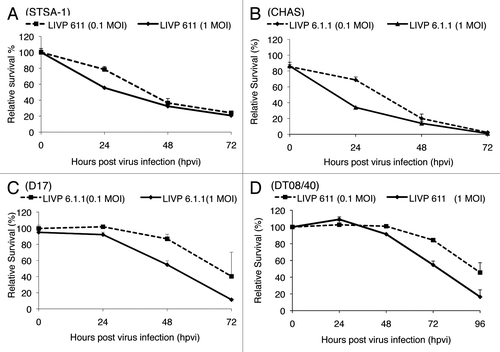 Figure 1. Viability of soft tissue sarcoma STSA-1 (A), melanoma CHAS (B), osteosarcoma D17 (C) and prostate carcinoma DT08/40 (D). cells after LIVP6.1.1 infection at MOIs of 1.0 and 0.1. Viable cells after infections with LIVP6.1.1virus at MOIs of 0.1 and 1.0 were detected using a XTT assay (Cell Proliferation Kit II, Roche Diagnostics, Mannheim, Germany)(Sigma, Taufkirchen, Germany). Mean values (n = 3) and standard deviations are shown as percentages of respective controls. The data represent three independent experiments