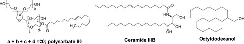 Figure 1 Chemical structures of Tween 80, ceramide IIIB, and octyldodecanol used in this study (ChemDraw®, CambridgeSoft).