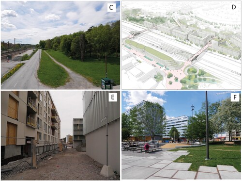 Image 2. New and planned developments in Upplands Väsby; (c) current view of the location for Väsby Entré, (d) rendering of future Väsby Entré (image by Urban Minds, Betty Laurincova in Upplands Väsby kommun Citation2018a), (e) new residential buildings in Fyrklövern adjacent to the new city park (f). Photos by the authors.