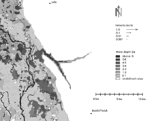 Fig. 6 Water depth, inundation extent and velocities under typical dry season low-flow conditions (1000 m3/s swamp inflow at Mongalla). While the channel flow velocities are well visible, flow velocities within the papyrus areas are hardly visible due to their small values.