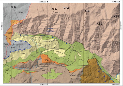 Figure 6. Simplified geological map of the VIS with location of the cross section of Figure 5. VISINT: Intrabasinal sedimentary deposits; VISEXT extrabasinal sedimentary deposits. Refer to the Main Map for the complete lithological legend and abbreviations.