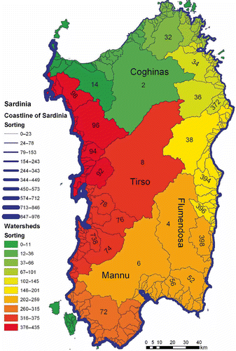 Fig. 5 Sorted coastline (increasing line thickness) and river basin commencement coding for selected river basins of Sardinia.