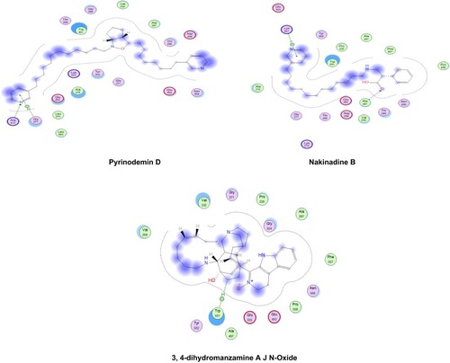 Figure 6 2-D interaction diagrams of docked compounds and ribavirin 5ʹ-triphosphate (M) with the active sites of HCV NS3 helicase (4WXR). Green arrows represent side-chain acceptor/donor; blue arrows represent backbone acceptor/donor; blue shadows represent ligand exposure.