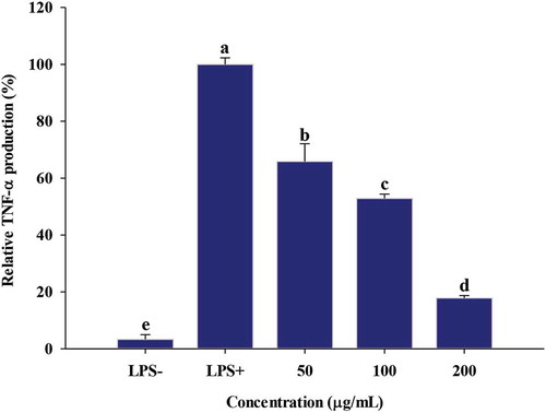 Figure 3. Effect of PGSE on TNF-α production in LPS-stimulated RAW 264.7 macrophages. PGSE: Platycodon grandiflorum seed extract. TNF-α: tumor necrosis factor-α. Different letters indicate significant differences at p < 0.05.Figura 3. Efecto de PGSE en la producción de TNF-α en los macrófagos RAW 264.7 estimulados por LPS.PGSE: Extracto de semilla de Platycodon grandiflorum. TNF-α: factor de necrosis tumoral-α. Las distintas letras indican diferencias significativas en p < 0.05.