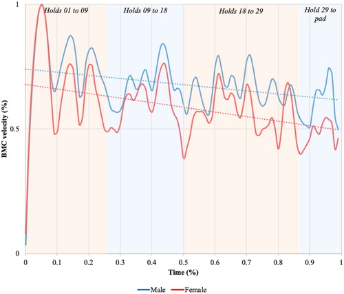 Figure 2. Normalized relationships between BMC velocity in males and female and its displacement.