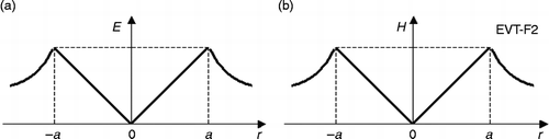 Figure 4 Electrostatic and magnetic intensities into AB tube. (a) Electrostatic intensity (pressure) via tube radius. (b) Magnetic intensity (pressure) from electric current vs. tube radius.