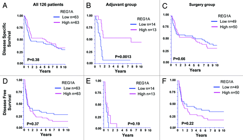 Figure 1. DSS and DFS of 126 AJCC Stage III melanoma patients. (A–C), Disease-specific survival (DSS) and (D–F), disease-free survival (DFS) of AJCC stage III melanoma patients. (A and D) all patients (n = 126), (B and E) adjuvant group (n = 27), and (C and F), surgery treated group (n = 99).