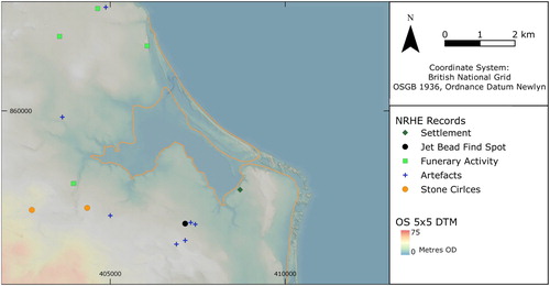 Figure 7. Loch of Strathbeg c. 2500 cal. BC shorelines. Note that far less survey has been carried out in this landscape compared to the Laich of Moray, thus the density of recorded archaeology consequently reduced.