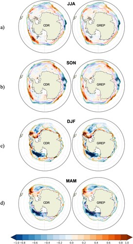 Figure 2.4.5. Map of seasonal trend in sea ice concentration (% yr−1) from CDR (product ref. 2.4.2) and GREP (product ref. 2.4.1) in (a) winter (JJA), (b) spring (SON), (c) summer (DJF), and (d) autumn (MAM), for the 1993–2020 period. Contours indicate the SIC at 0.15 (green) and 0.8 (magenta). Dots show 95% significance. JJA: June-July-August; SON: September-October-November, DJF: December-January-February; MAM: March-April-May.