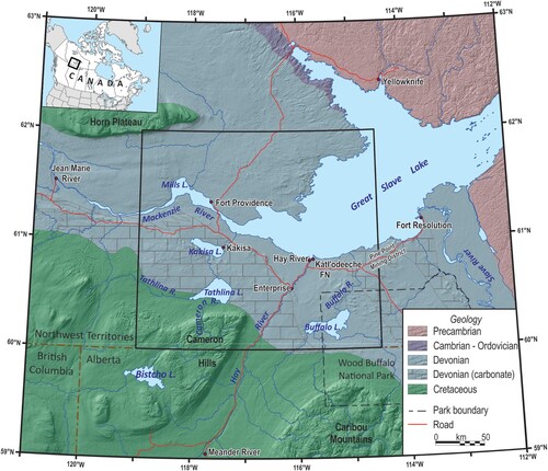 Figure 1. Southern Northwest Territories study area and adjoining regions of Alberta and British Columbia. The central black box outlines the main study area, while full extents of Figure 1 are outlined in the Index Map (upper left). Simplified regional geology (adapted from CitationWheeler et al., 1996) overlies a hillshade model that highlights the full extent of the Cameron Hills uplands. Summit elevations of Horn Plateau, Cameron Hills, and Caribou Mountains are 881, 893, and 1030 m above sea level (asl), respectively. The surface of Great Slave Lake is 156 m asl.