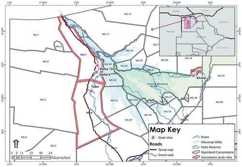 Figure 1. Study area map including Khwai, Tubu and Etsha 6 villages in the Okavango Delta, Botswana.
