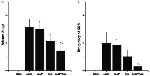 Figure 2. Effects of CDDP and its combination with CBZ on the degree of seizure. (A) Seizure severity score. (B) Frequency of SRS. SRS in each group were recorded three times a day for 1 week, only the seizures of stage 3 or greater according to Racine stages were recorded. The results are presented as mean ± SEM. *p < 0.05 versus the model group (n = 14 per group).