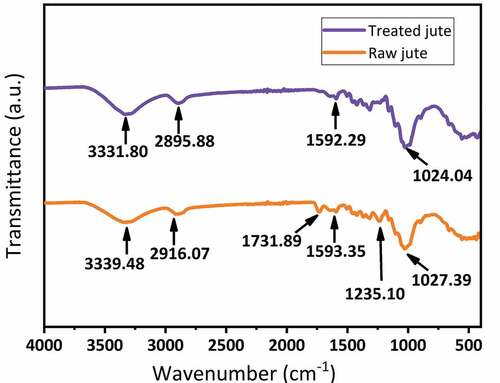 Figure 4. FTIR spectrum of raw and alkali treated jute fibers.