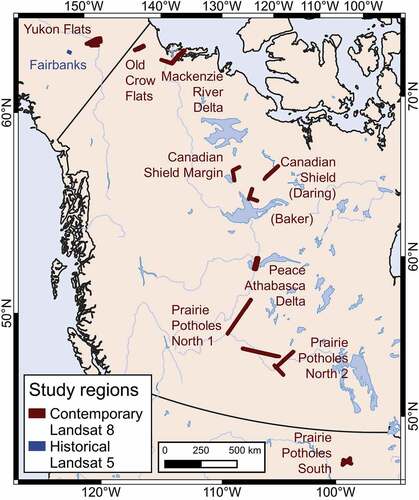 Figure 1. Study regions are derived from available HR vector lake maps created for the NASA Arctic-Boreal Vulnerability Experiment (ABoVE) (Kyzivat et al. Citation2018, Citation2019; in red); and a historical study of permafrost lake change (Walter Anthony et al. Citation2021, in blue).