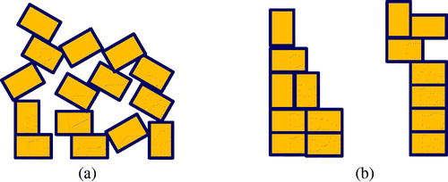 Figure 4. Two distributions of 15 ‘bricks’. (b) is more ordered and has lower entropy than (a).