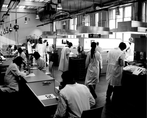 Figure 1. View of the dissecting room, Center for Anatomy, during the time of the exam. Tables with dissected specimens and light boxes for radiographs are in the bays on the right, microscopes and anatomical models on the tables on the left.