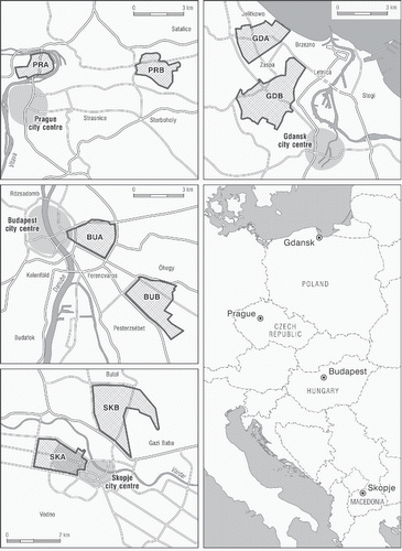 Figure 1. Map indicating the locations of case study cities and areas. BUA = Budapest; BUB = Kispest; GDA = Wrzeszcz; GDB = Przymorze; PRA = Hloubětín; PRB = Holešovice; SKA = Debar Maalo and Bunjakovec; SKB = Chair, Skopje Sever, and Gazi Baba.