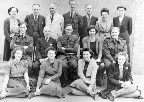 FIGURE 1. The staff of the War Office Map Library in April 1945. Edward Parsons is in the center of the middle row (Image: Directorate of Military Survey, War Office; courtesy of the Military Survey (Geographic) Branch, Royal Engineers Association historic archive).