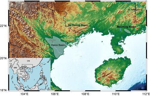 Figure 1. Map of northern Southeast Asia, showing the Na Duong Basin in north-east Vietnam and the Maoming Basin in southern China. The map was created using the Generic Mapping Tools program (Wessel et al., Citation2019).