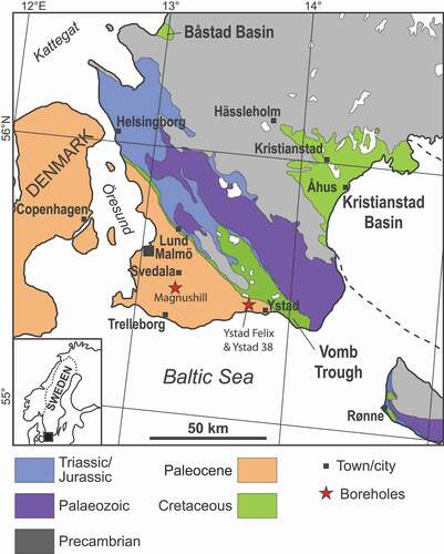 Figure 1. Geological map showing the distribution of Paleocene deposits in southern Sweden and the locations of the wells Magnushill (star south of Svedala), Ystad Felix and Ystad 38 (star west of Ystad). Map modified from McLoughlin et al. (Citation2021; this volume)
