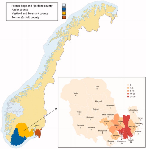 Figure 1. Norway with Agder, Vestfold and Telemark, former Sogn and Fjordane and former Østfold county marked with different colours. The inset is an enlargement of Vestfold and Telemark county with its municipalities. The figures represent reported TBE cases per municipality in the period 1998–2019 according to MSIS.