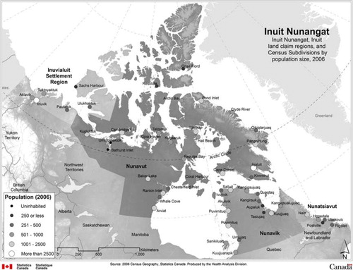 Fig. 1 Map of Inuit Nunangat, 2006.Source: Peters PA. 2012. Shifting transitions: health inequalities in Inuit Nunangat in perspective. J Rural Community Dev. 7:36–58. With permission.