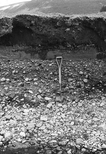 Figure 22 Section through the Main Holocene Terrace of the River Findhorn in upper Strathdearn. The spade is resting on the edge of the active river channel. The stratigraphy of the terrace at this site comprises 1.1 m of coarse bar deposits overlain by 0.3 m of sandy overbank deposits and 0.9 m of late Holocene peat. The terrace implies that the Holocene floodplain at this site was once 1.4 m higher than now, and has subsequently been incised by the river